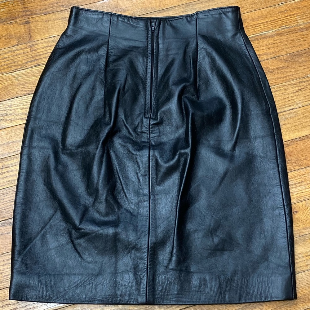 Vintage 80s Womens Byrnes & Baker Black Leather High Rise Pencil Skirt Size 4 - Picture 2 of 8
